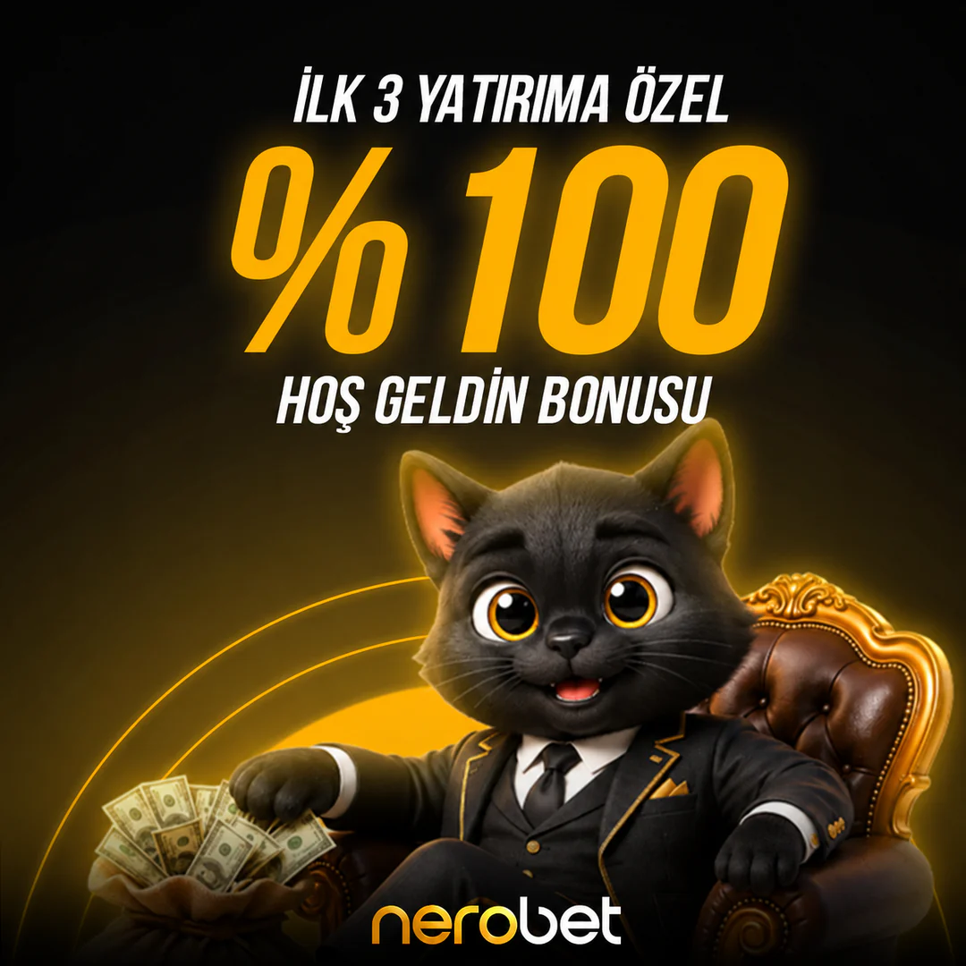 Nerobet kara kedi maskotuyla ilk üç yatırıma özel yüzde 100 hoş geldin bonusu görseli